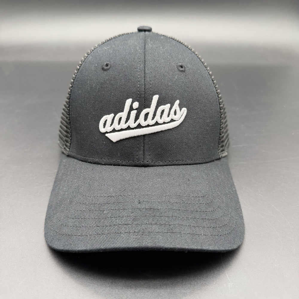 Adidas Womens Mesh Trucker Hat Snapback Cap Black White Script Aeroready